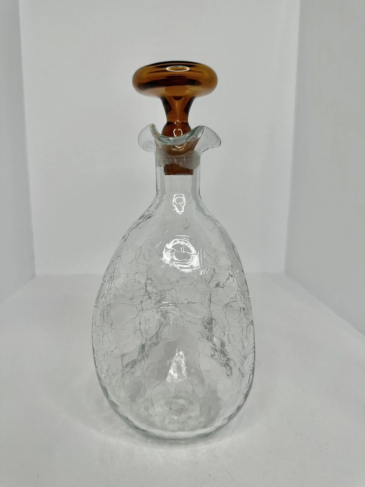 Vintage MCM Blenko #49 Pinched decanter Clear Crackle W stopper Winslow Anderson