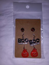 Halloween Earrings Set of 3 Spiders Boo Jack-o-Lanterns Studs Dangle Rhinestones