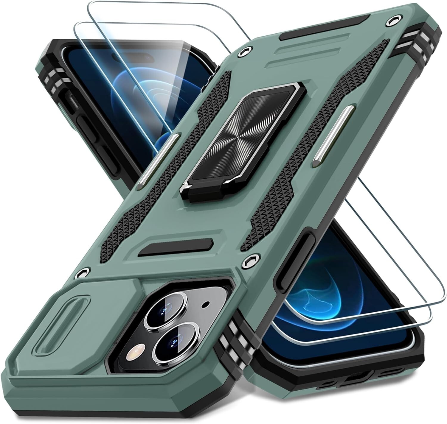 For iPhone 15 Case with Heavy Duty Military Grade Protection & Kickstand Green-image
