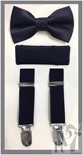 Dark Navy Boy's Clip Suspender Bowtie  Pocket Square Handkerchief 3 pieces set