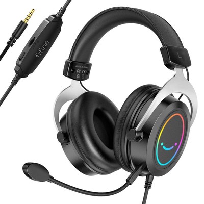 FIFINE Gaming RGB Headset with Line Control/Detachable Mic,3.5mm Over-ear Headph