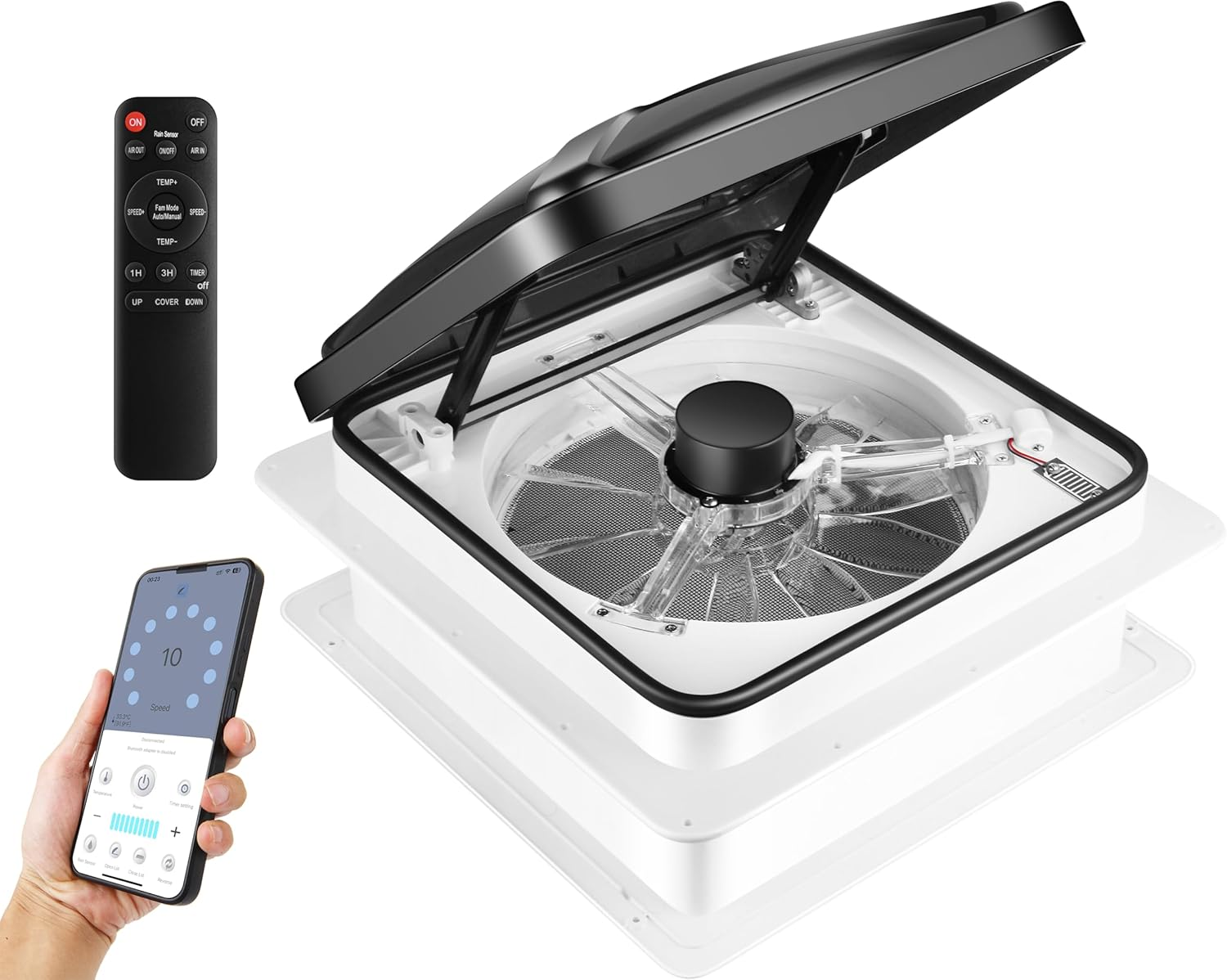 10-Speed RV Roof Vent Fan with Thermostat, Rain Sensor, Remote & App Control