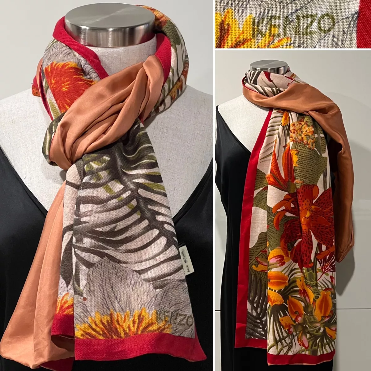 KENZO Red Lilium Flower Print Wool & Silk Twill Reversible SCARF/Wrap  51x177cm