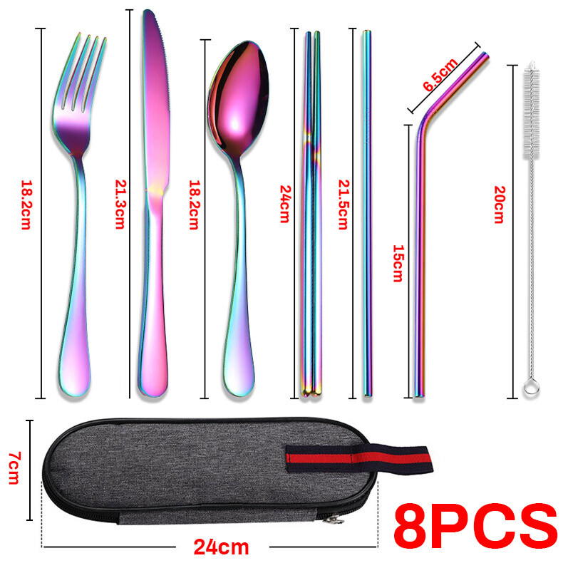 8pcs Portable Stainless Steel Tableware Dinnerware Travel Camping