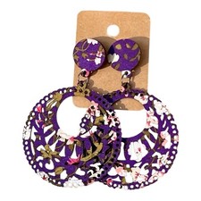 Boutique Retro Purple Floral Wood Boho Circles Dangle Earrings 🪞