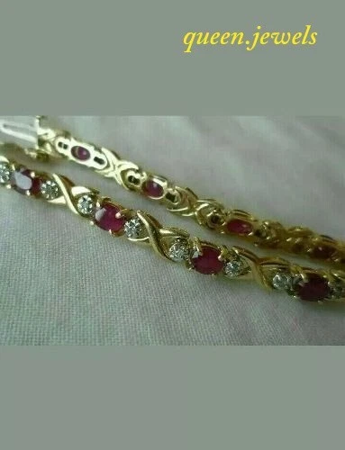 8CT Oval Cut Lab-Created Ruby Diamond Women's Tennis Bracelet 14K Yellow Gold FN - Image 3 of 4