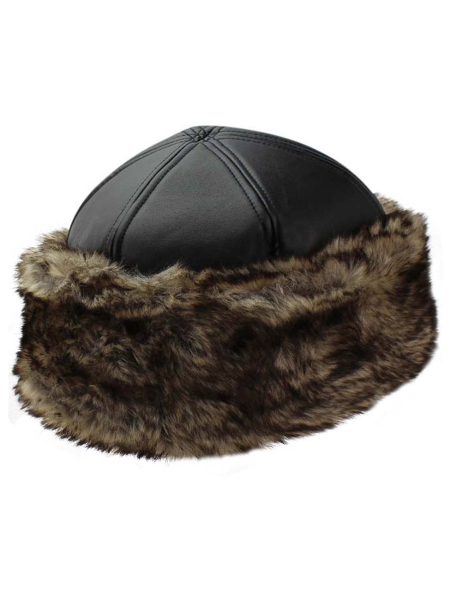 BLACK FAUX LEATHER & FUR TRIM RUSSIAN HAT WITH QUILTED 