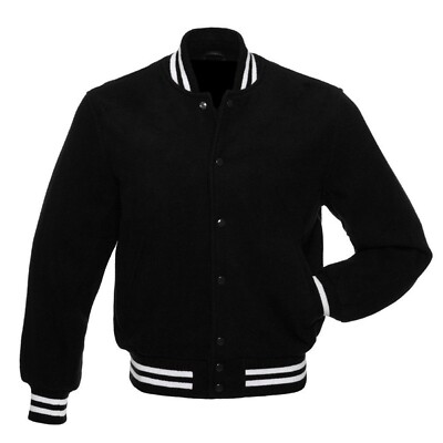 New Real Black All Wool Black/White Rib Letterman College Varsity Jacket