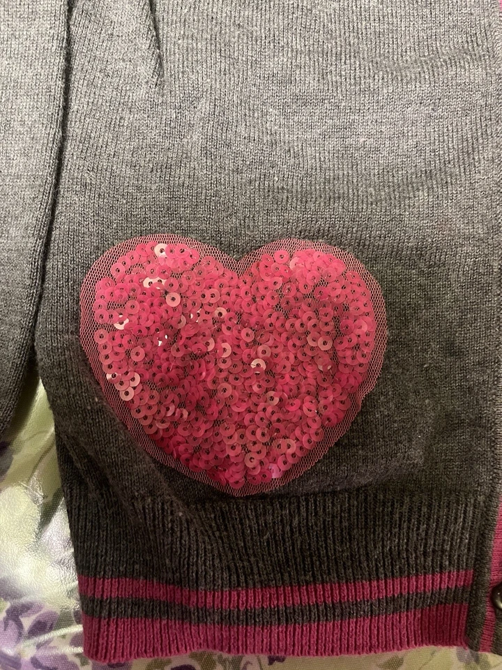 Niñas Niños Diseño Historia Gris Rosa San Valentín Lentejuelas Corazón Cárdigan Suéter Talla 6 Foto 3 de 4