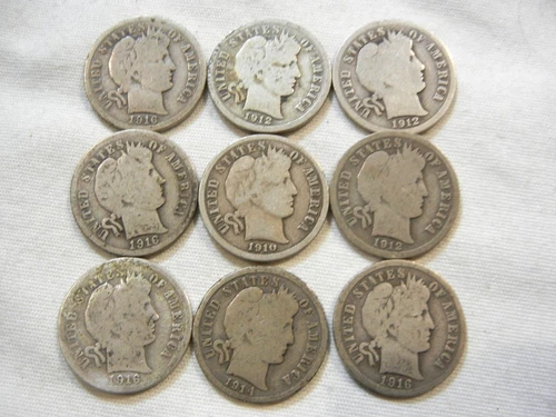 barber silver dime US coin collection lot of 9