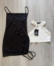 PrettyLittleThing US 8 Black Ruched Bodycon Mini Dress Square Neck Strappy