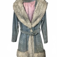 Julie de Roma Vintage Belted Suede Coat with Faux Fur Trim Size S