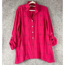 John Mark Tunic Top Womens 1X Pink Windowpane Wired Collar Roll Tab Artsy FLAW