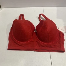 Auden Bra Womens 38C Red Lace Lightly Lined Long Line Demi Coverage Adjustable