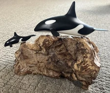 Vintage John Perry Orca Killer Whale & Calf Sculpture Burlwood Base Made in USA