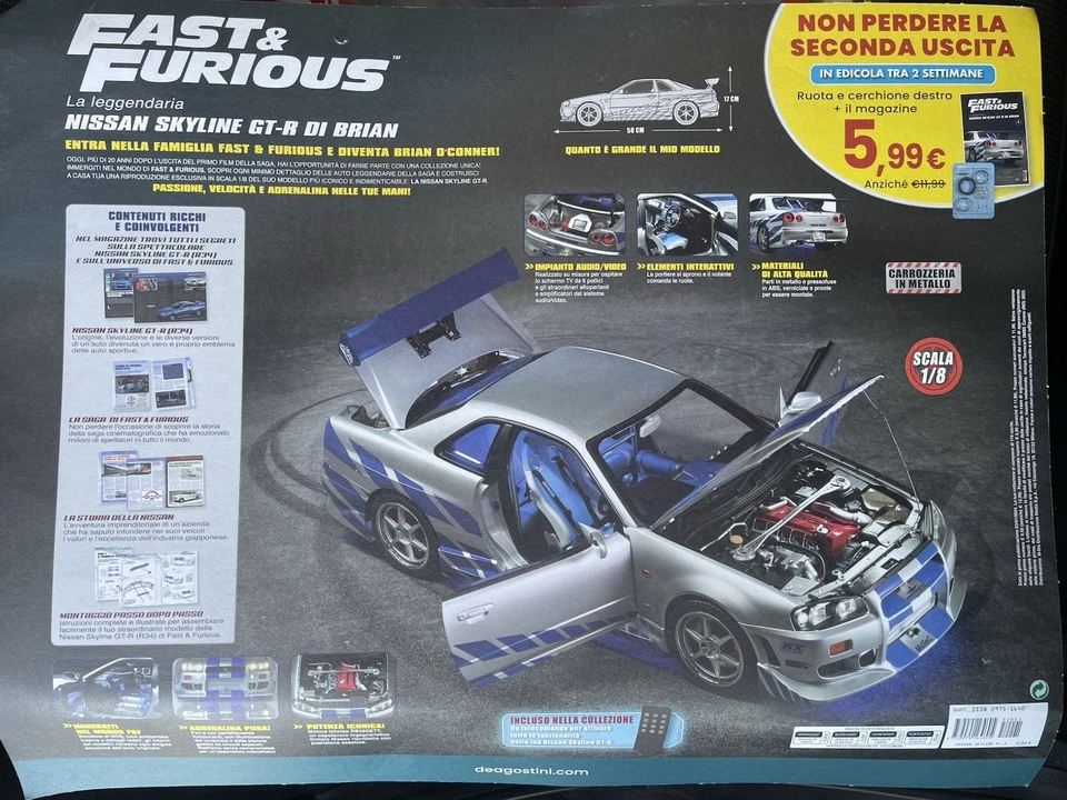 COSTRUISCI NISSAN SKYLINE GT R 34 BRIAN FAST & FURIOUS KIT MODELLO AUTO 2025 1:8 - Immagine 3 di 3