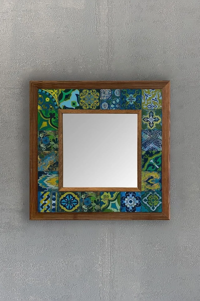 Elegante espejo de mosaico con marco de madera 33x33 cm con azulejos de travertino - Decoración única Foto 3 de 4