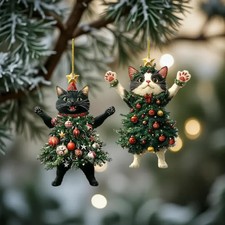 Set of 2 Cat Christmas Ornaments   Flat 2D Tree Decoratio