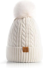 PAGE ONE L17364 Womens White Cable Winter Pom Pom Beanie Hat One Size