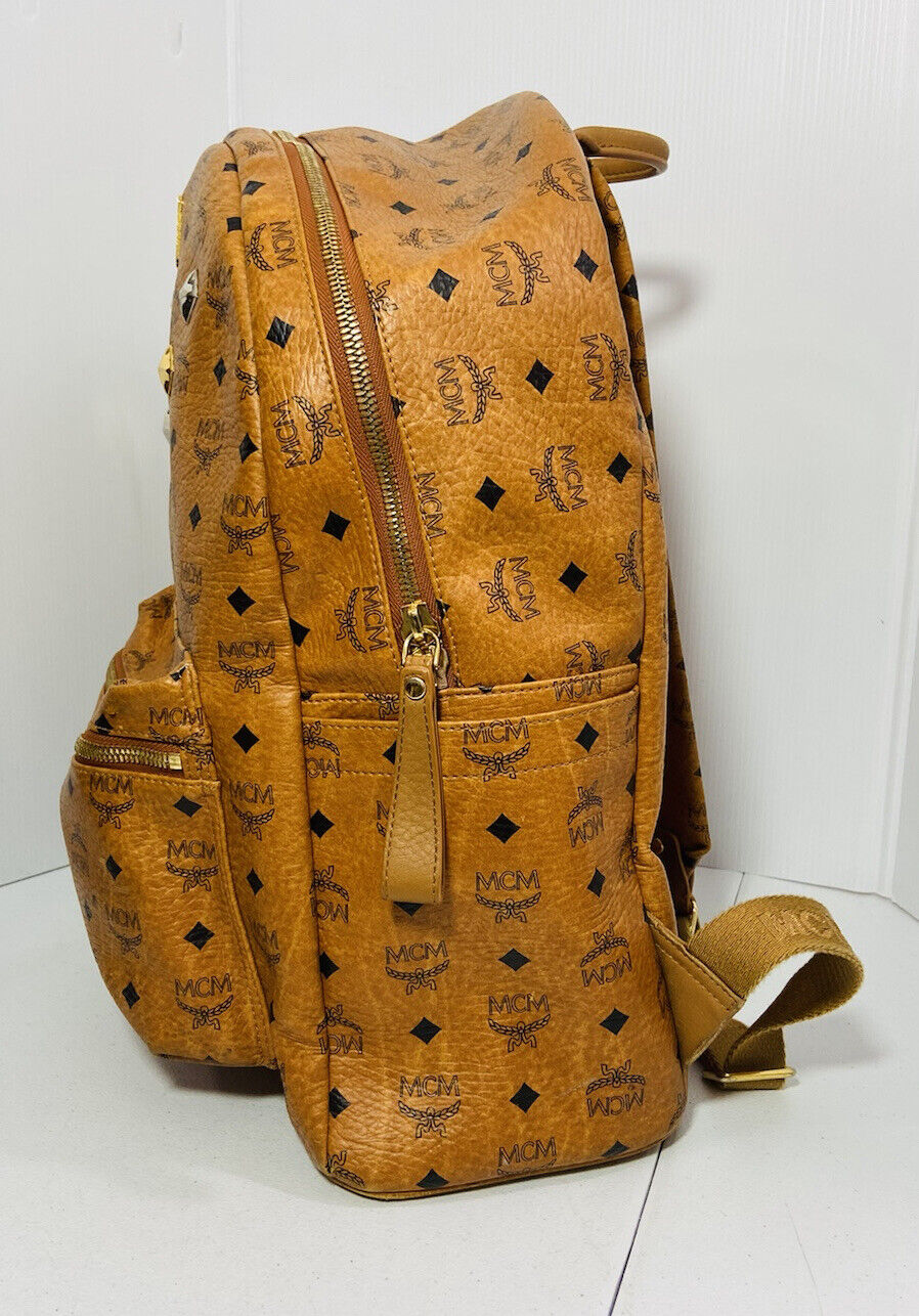 MCM Leather Backpack Visetos Studs PVC Cognac Brown 41cm x 30cm x 11cm Rare