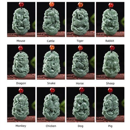Chinese Zodiac Natural Jade Green Jadeite Pendant Jewelry Necklace Amulet Gift