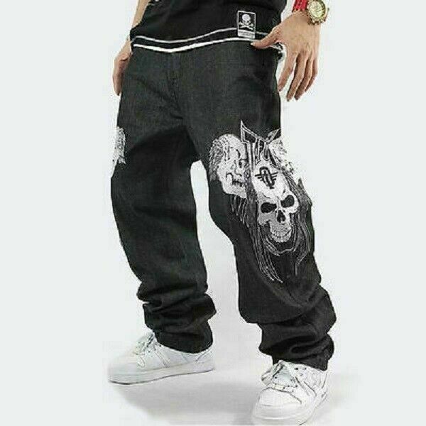 New Mens Hip Hop Jeans Denim Embroidery Skull Skeleton Baggy Trousers  Streetwear
