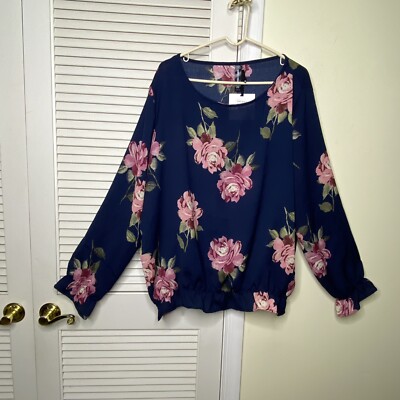 Womens Agnes & Dora Blue Floral Dolman Long Sleeve Top Plus Size XXXL 3XL