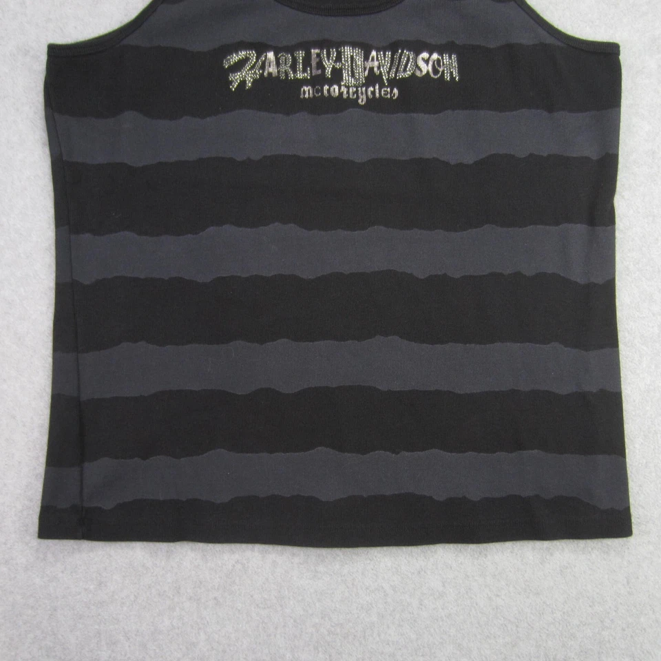 Camiseta sin mangas Harley Davidson para mujer 2XL negra gris a rayas elástica con joyas EE. UU. Foto 3 de 4