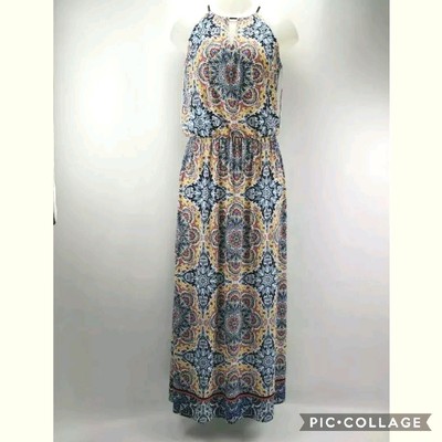 NEW London Style Blouson Maxi Dress Size 4 Womens Blue Yellow Damask Keyhole