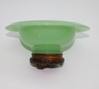 Art Deco/ Chinese style Jadeite green glass footed bowl with carved wooden stand