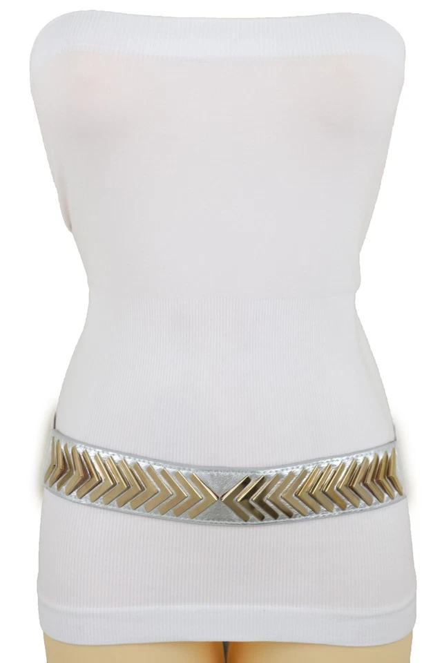 Mujeres Plateado Imitación Cuero Cintura Elástica Cool Look Cinturón Dorado Metal Flecha S M Foto 3 de 4