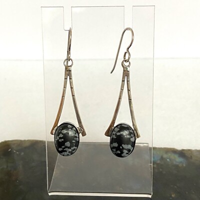 Sterling Silber 925 Modernist 2'' ovale Schneeflocke Obsidian geätzt Ohrhänger