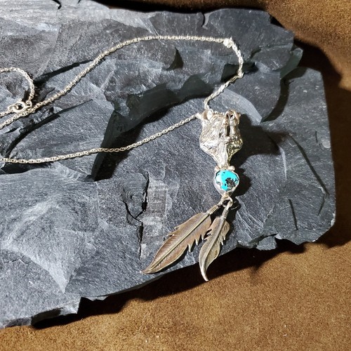 Vtg Running Bear Sterling Wolf Turquoise Feathers Pendant 18"simple Chain - Picture 3 of 9