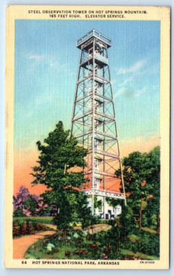 Observation Tower Hot Springs Mountain Elevator ARKANSAS USA Linen Postcard