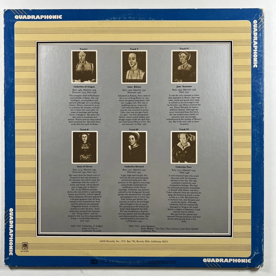 Rick Wakeman “The Six Wives Of Henry VIII” LP/A&M QU-54361 (EX) Quadraphonic - Image 2 of 4