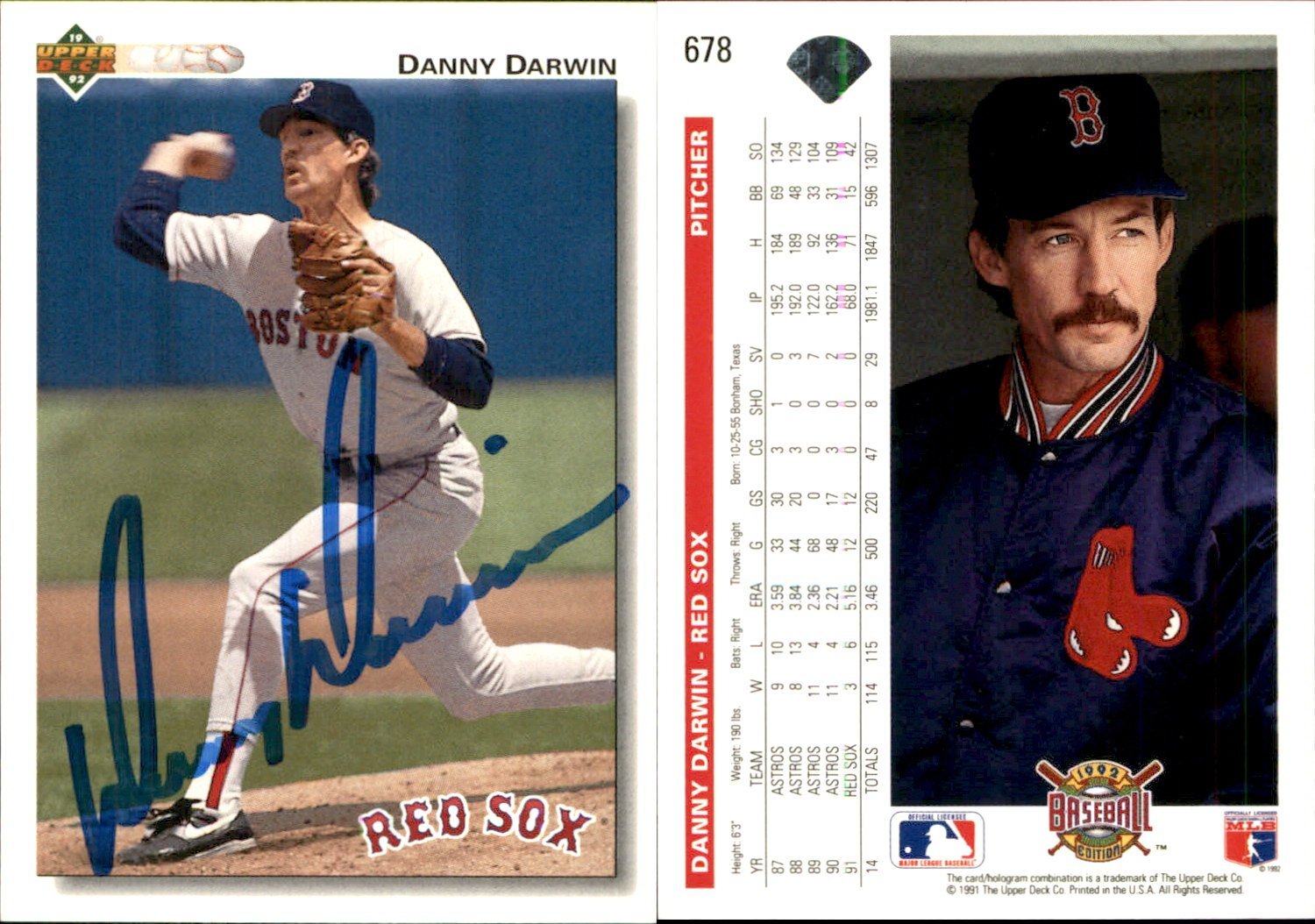 Danny Darwin Signed 1992 Upper Deck #678 Card Boston Red Sox Auto AU