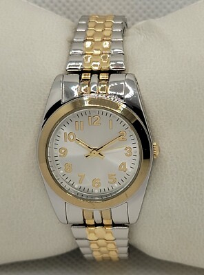 Ladies Beautiful Two Tone Round Expansion Bracelet Silver Dial Analog Watch F9