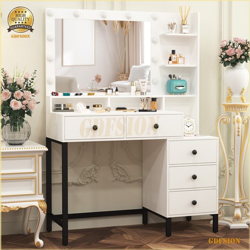 Modern Dressing Table With 11 LED Lights Mirror 5 Drawers Vanity Makeup Desk Set - Picture 6 of 9
