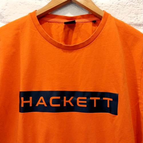 Hackett T-Shirt Mens XL Orange Big Logo Short Sleeve Cotton Casual Crew Neck - Picture 2 of 7