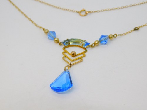 15ct Yellow Gold, Blue Glass & Pearl Lavalier Drop Necklace Antique c1930 Deco - Picture 3 of 9