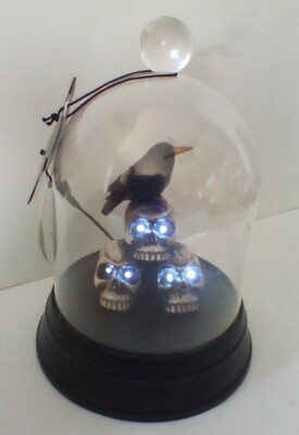 Skeleton Skulls With Raven LED Flashing Eyes Under Dome Battery Powered New