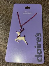 Claire  s Pink Glitter White Enamel Reindeer Deer Charm Christmas Necklace Nwt