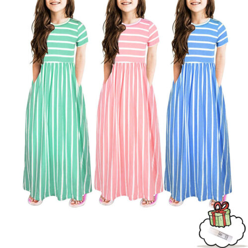 Children Kids Girls Short Sleeve Striped Print Long Dress Kids Dresses Clothes