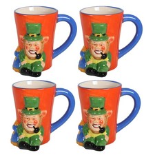 Irish Leprechaun Ceramic Mugs Set of 4 St Patricks Day Colourful Novelty Gift