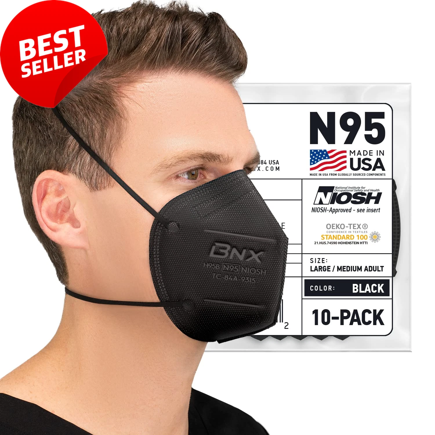 N95 Black Face Mask USA Made Particulate Respirator 10-Pack TC-84A-9315