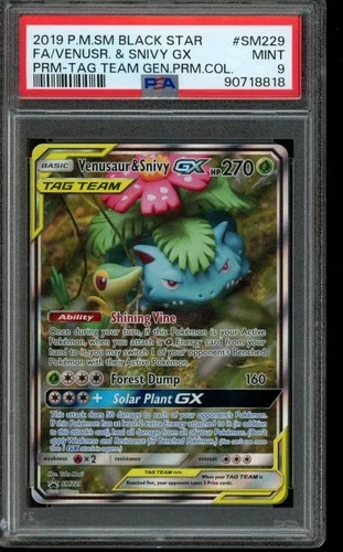 PSA 9 MINT Pokemon Venusaur & Snivy GX Black Star Promo Full Art SM229