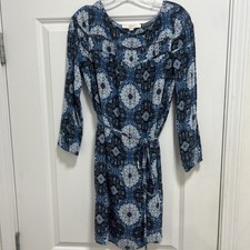 Loft Women’s Chiffon Long Sleeve Dress Blue Geometric Lined Pleated Tea Length