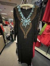 Vintage 80's Black Beaded Sequin Evening Dress Long Sleeve Formal Party Gown