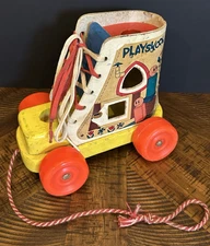 VTG Playskool Pull Toy Boot House w/ Red Wheels & Laces – Wooden – 1960s Wear