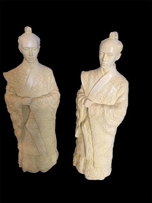 Past Times Style Oriental Figurines   Pair of Faux Ivory Resin Statues   12.5''